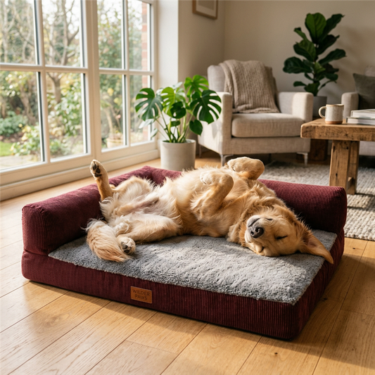 CalmNest calming dog bed with anxious pet resting deeply in the plush donut center