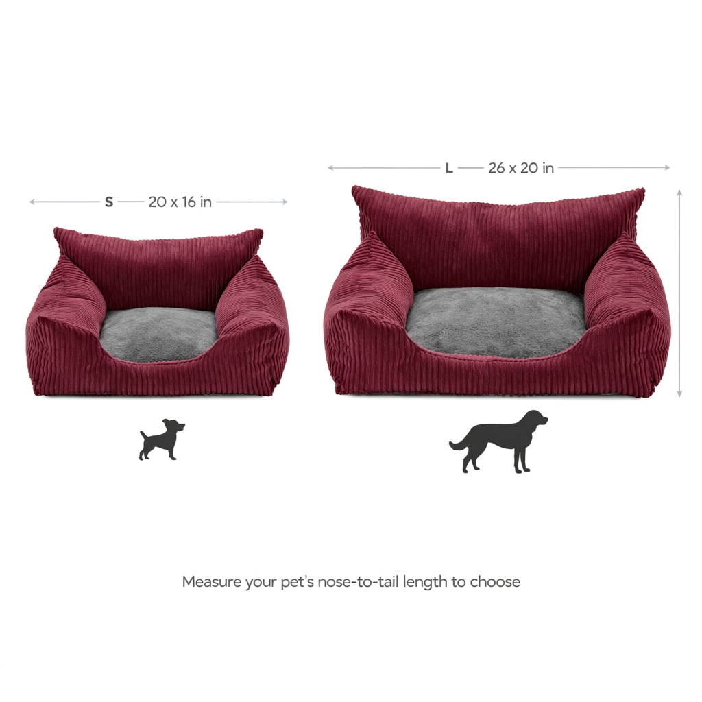 CalmNest calming dog bed size chart comparing S and L sizes with dog silhouettes for scale