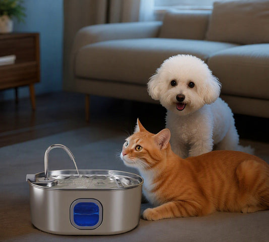 Orange cat and white dog resting beside the running stainless steel fountain, blue water-level window on the front