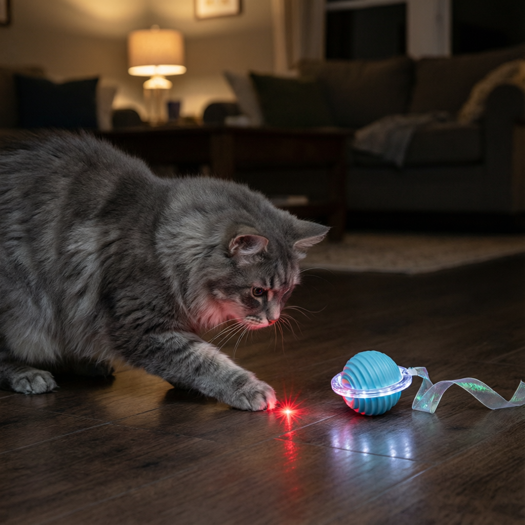 Gray tabby cat pouncing on laser dot next to glowing LaserPlay Pro blue ball with ribbon tail at night