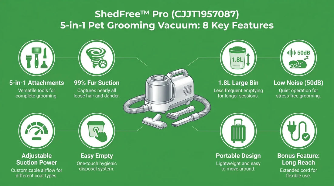 ShedFree Pro 5-in-1 pet grooming vacuum kit feature infographic for fall deshedding
