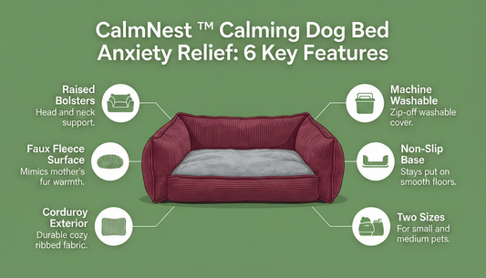 CalmNest calming dog bed feature infographic
