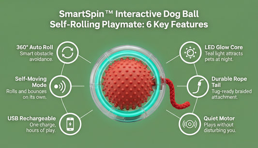 SmartSpin interactive dog ball feature infographic
