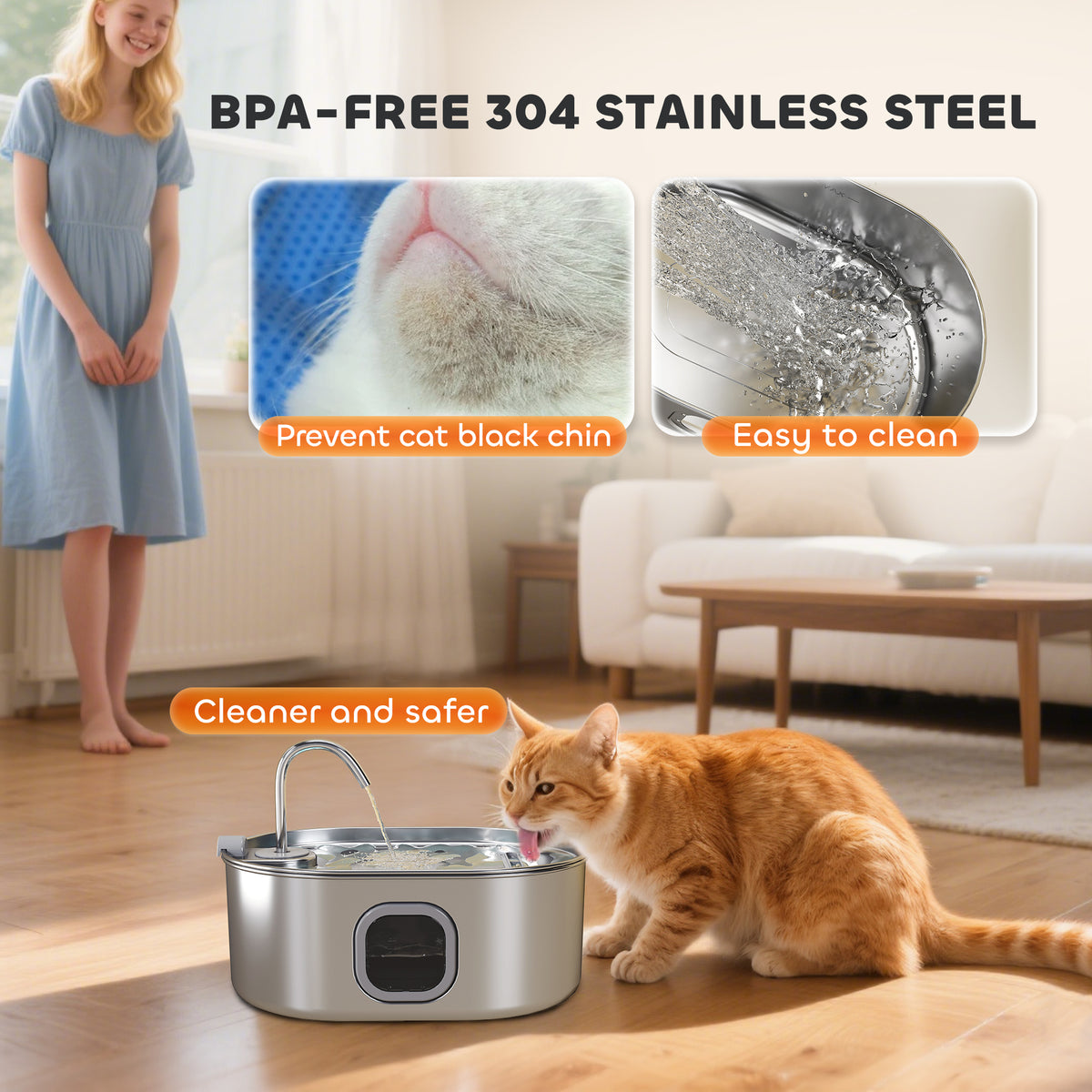 7L Stainless Steel Cat Water Fountain (Pet Water Fountains) - close-up detail view highlighting build quality and materials