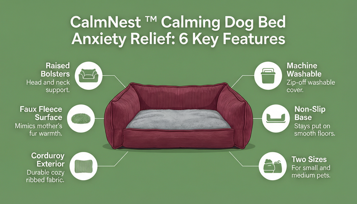 CalmNest calming dog bed 6-key-feature infographic: raised bolsters, faux fleece surface, corduroy exterior, machine washable, non-slip base, two sizes
