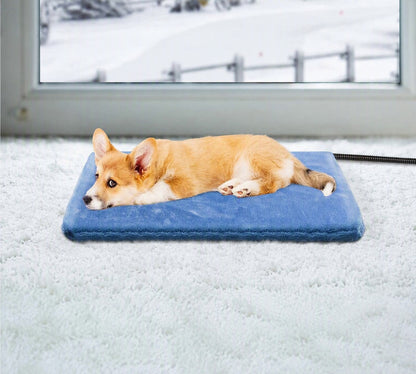 Corgi resting on the blue waterproof pet heating pad by a snowy window