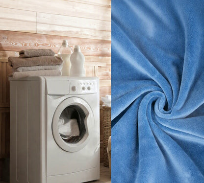 Washing machine beside folded towels and a close-up of the blue crystal velvet cover fabric