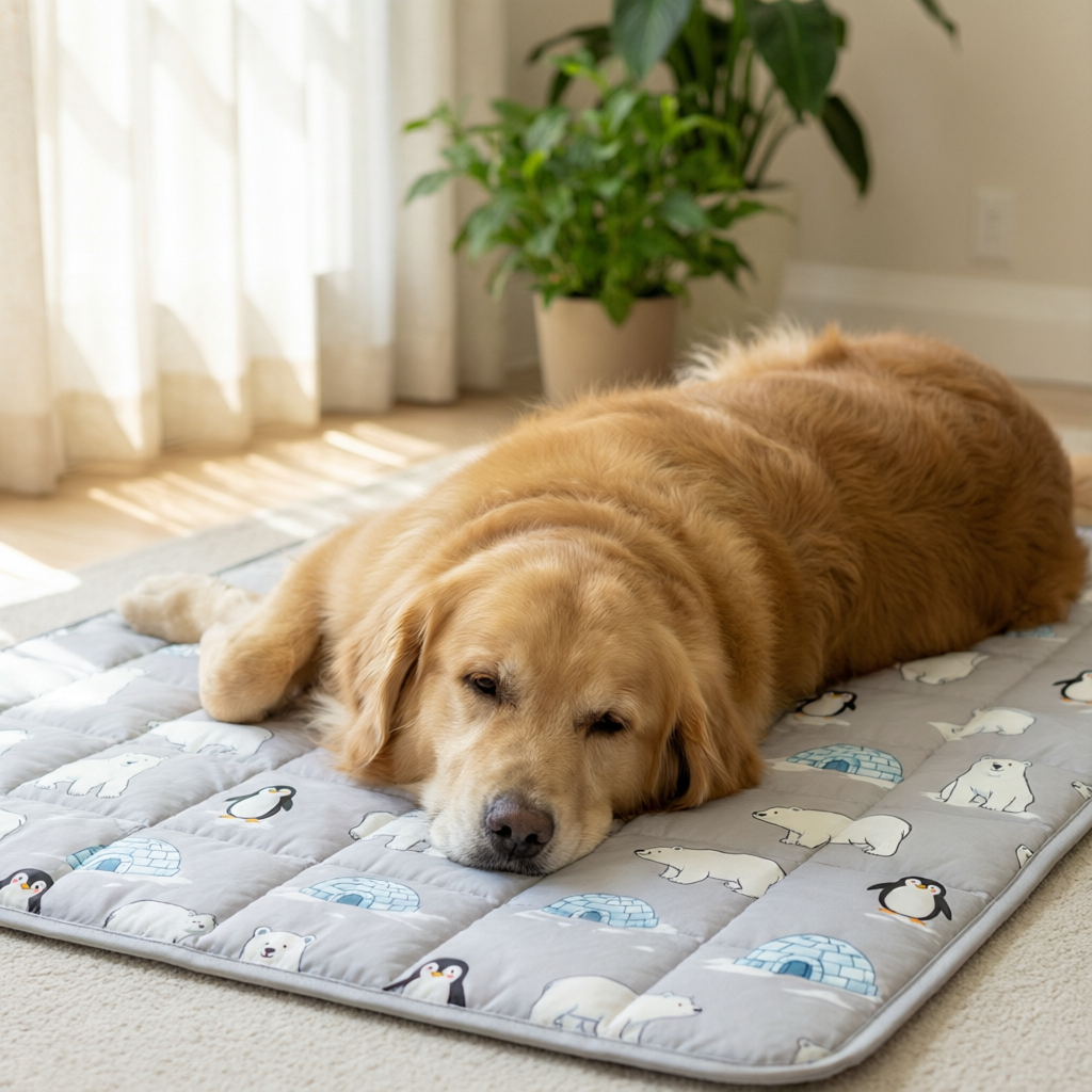 Golden retriever lying relaxed on CoolRest gray polar bear print cooling mat in sunny summer living room