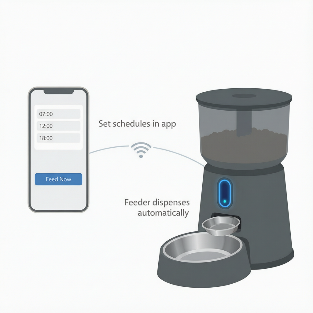 FeedSmart app scheduling diagram showing phone setting feed times connected by WiFi to automatic feeder