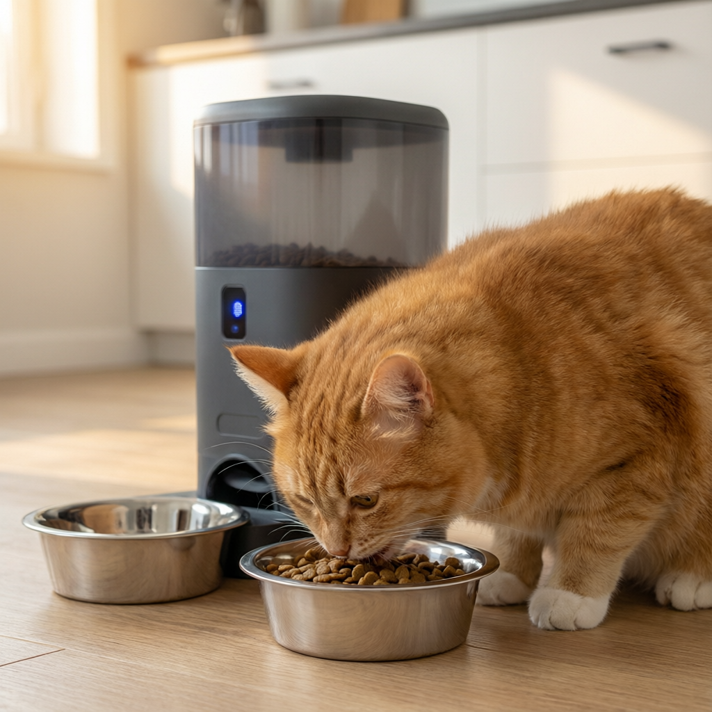 Orange tabby cat eating from FeedSmart automatic feeder stainless steel bowl in bright modern kitchen