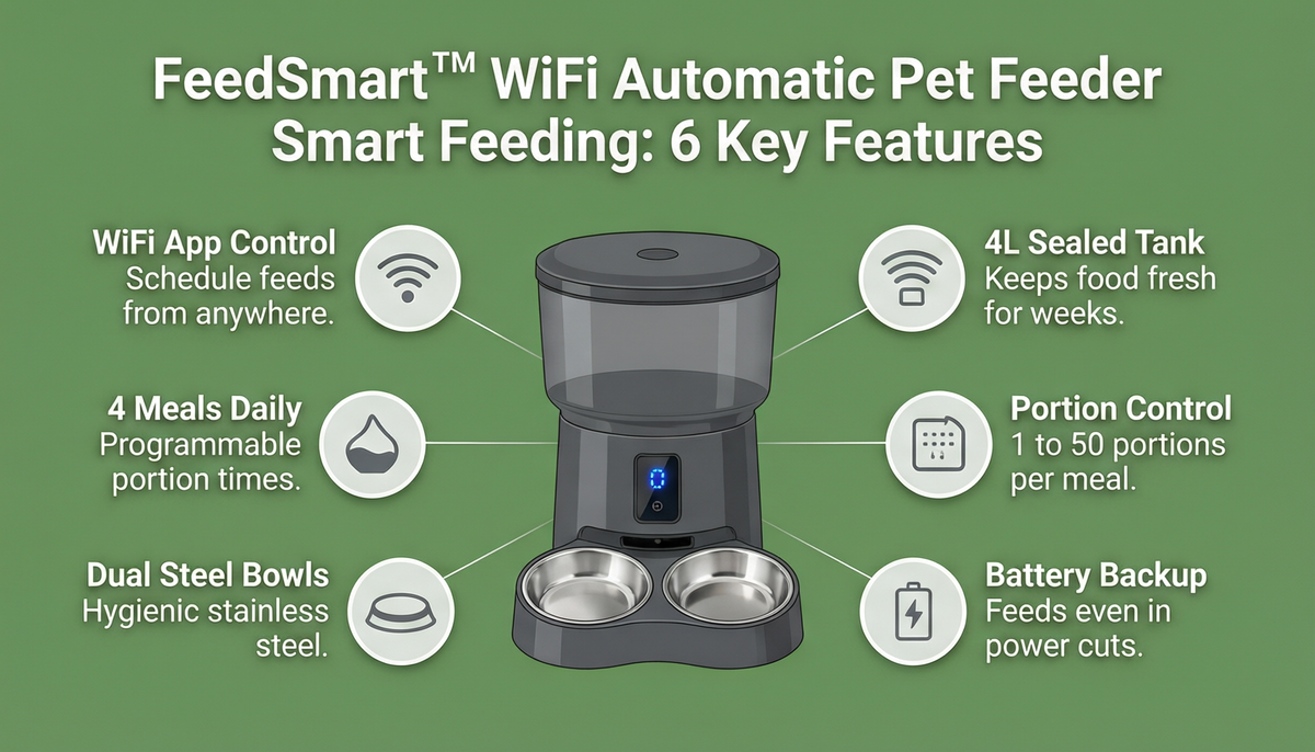 FeedSmart WiFi automatic pet feeder 6-key-feature infographic: WiFi app control, 4 meals daily, dual steel bowls, 4L sealed tank, portion control, battery backup