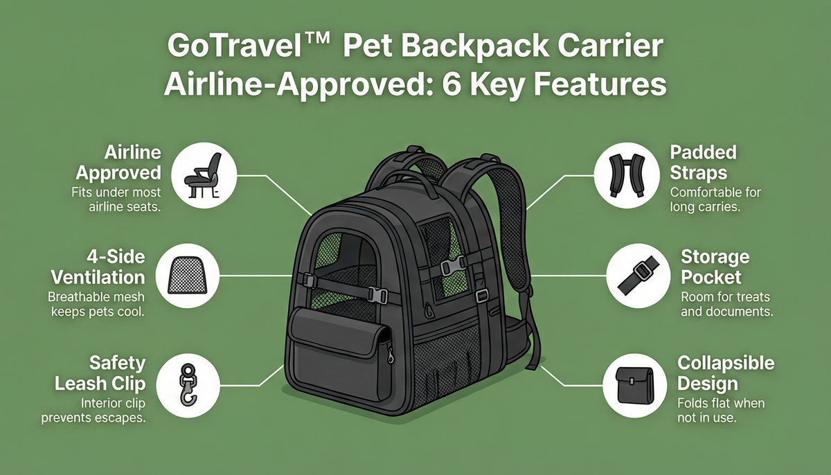 GoTravel Pet Backpack Carrier 6-key-feature infographic: airline approved, 4-side ventilation, padded straps, storage pocket, safety leash clip, collapsible design