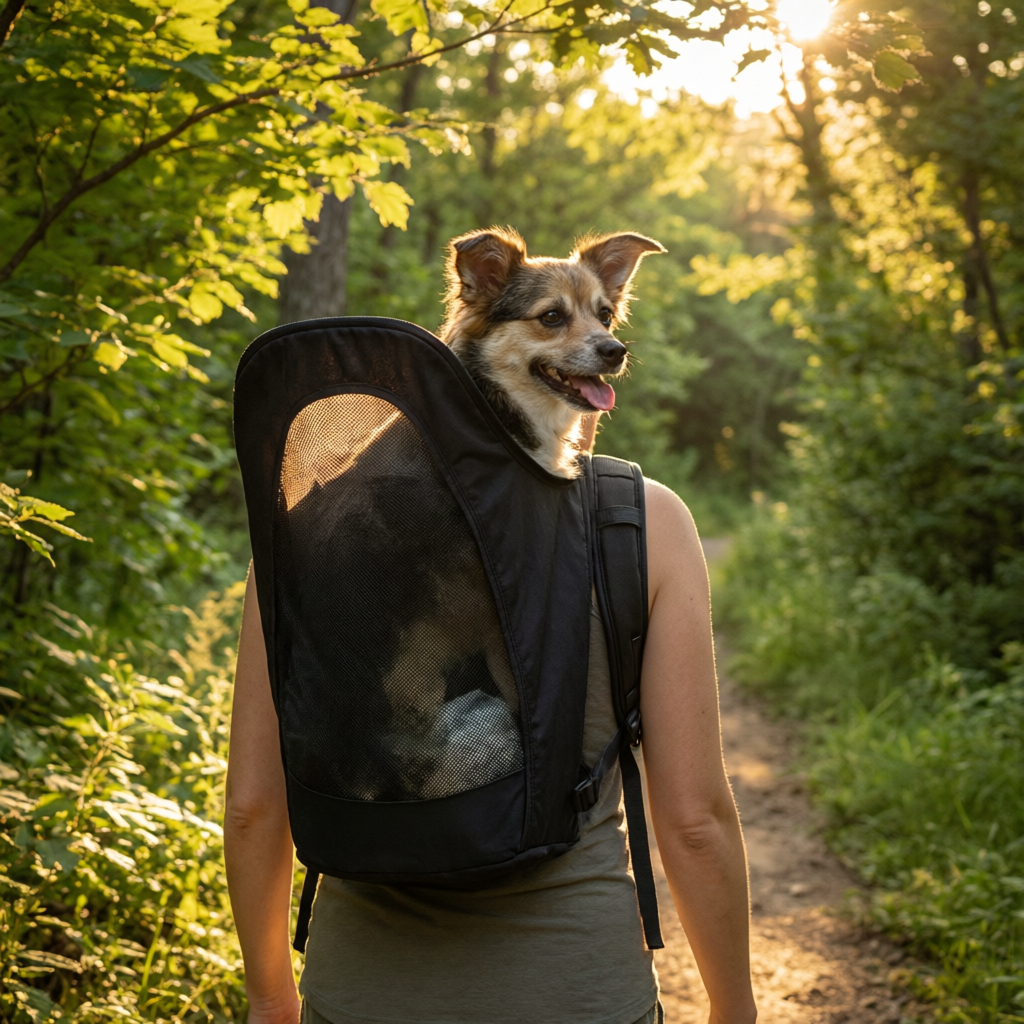 Hiker on forest trail carrying dog in GoTravel black pet backpack carrier with mesh sides