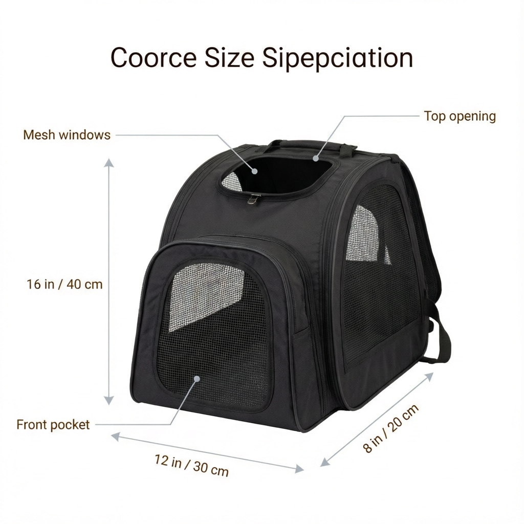 GoTravel pet backpack carrier size specification diagram with dimensions and feature callouts