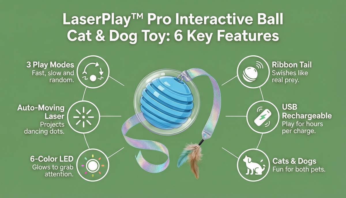 LaserPlay Pro interactive ball 6-key-feature infographic: 3 play modes, auto-moving laser, 6-color LED, ribbon tail, USB rechargeable, for cats and dogs