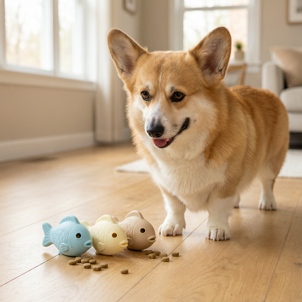 Corgi playing with SmartBite fish-shaped silicone treat toys in blue yellow and beige with leaked kibble on wood floor