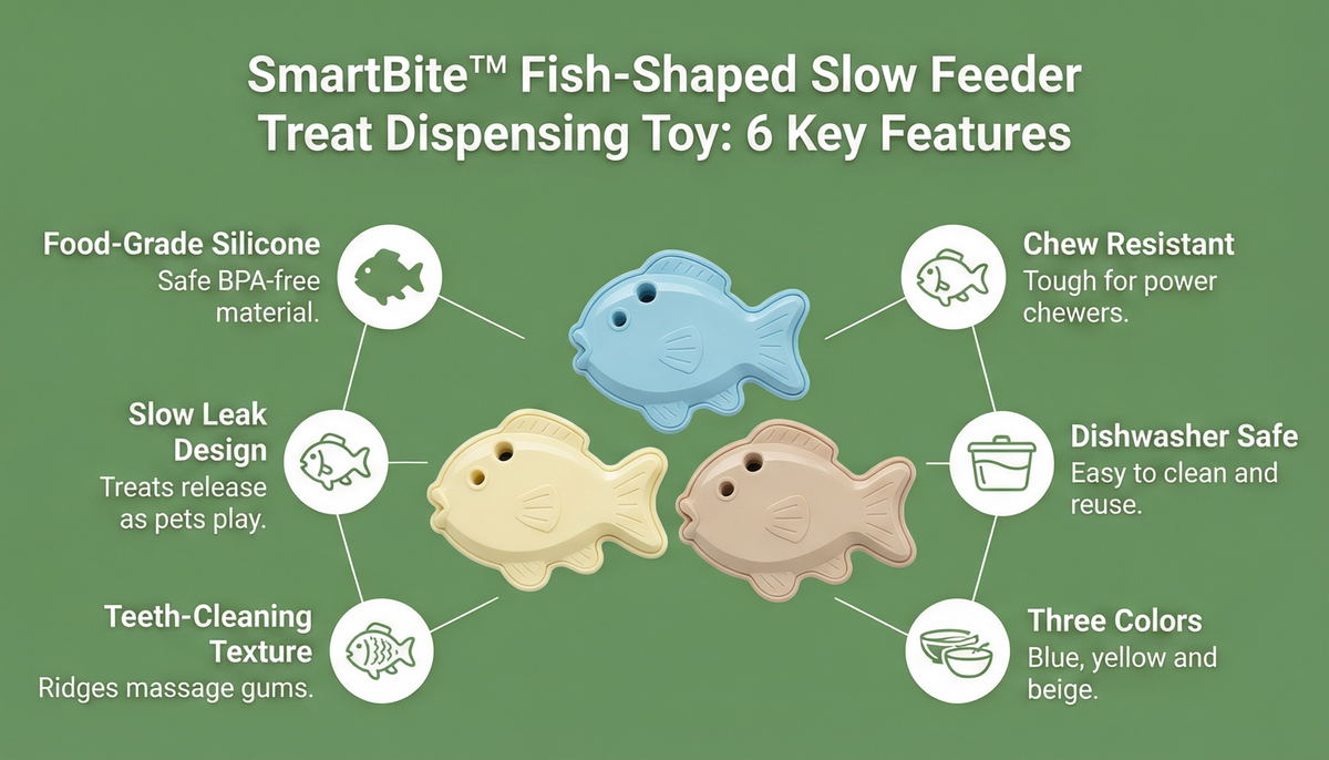 SmartBite fish-shaped slow feeder treat toy 6-key-feature infographic: food-grade silicone, slow leak design, teeth-cleaning texture, chew resistant, dishwasher safe, three colors