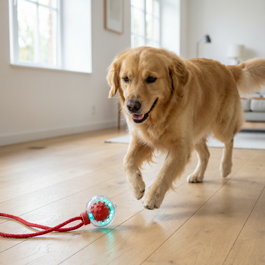 Golden retriever chasing SmartSpin red self-rolling ball with teal LED core on hardwood living room floor