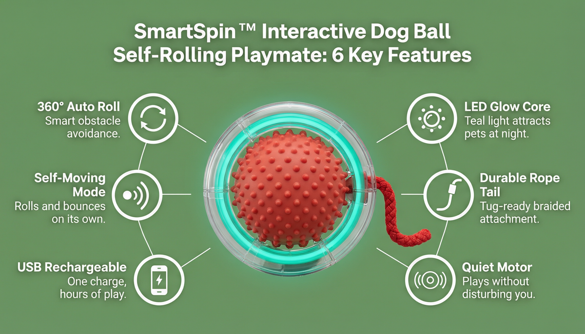 SmartSpin interactive dog ball 6-key-feature infographic: 360 auto roll, self-moving mode, USB rechargeable, LED glow core, durable rope tail, quiet motor