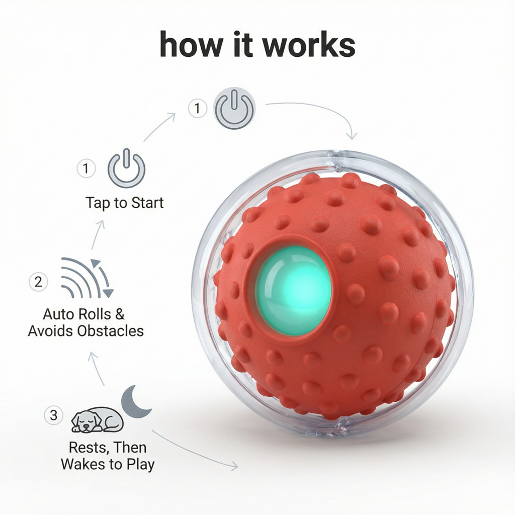 SmartSpin rolling ball how-it-works diagram: tap to start, auto rolls and avoids obstacles, rests then wakes to play