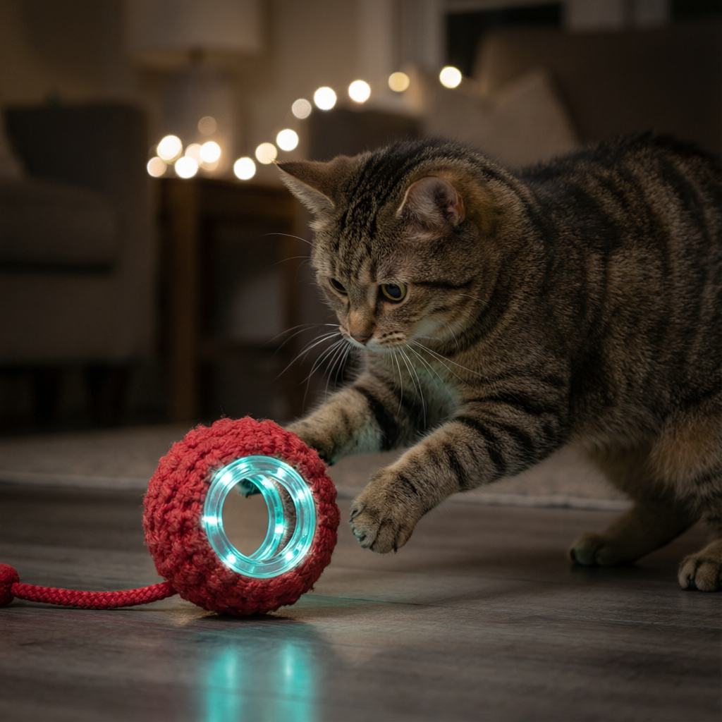 Tabby cat pouncing at SmartSpin red rolling ball glowing teal LED in dim evening living room